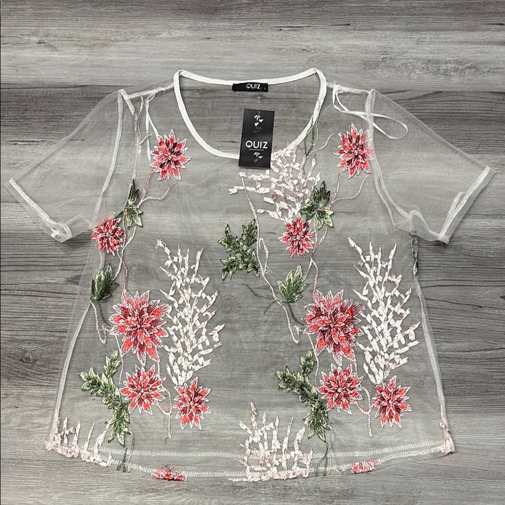 Women's Floral Embroidered Sheer Top - White and Pink